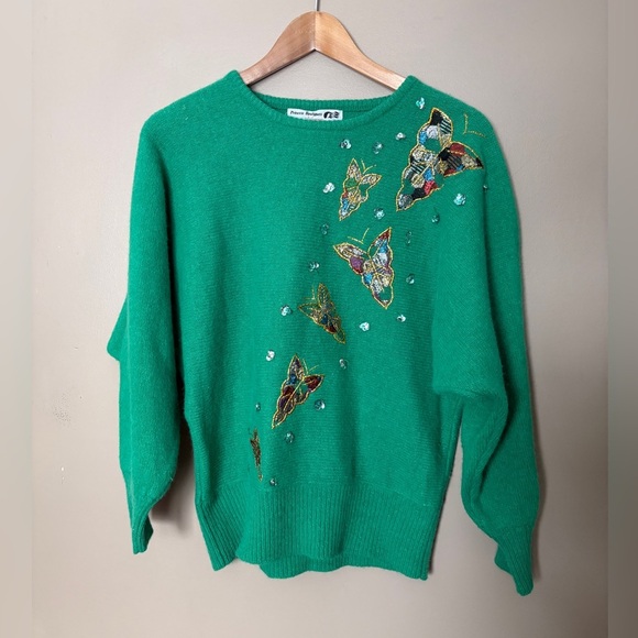 PRINCESS BOUTIQUES 1970s green sweater butterfly bedazzled lambswool angora EUC - Picture 2 of 12
